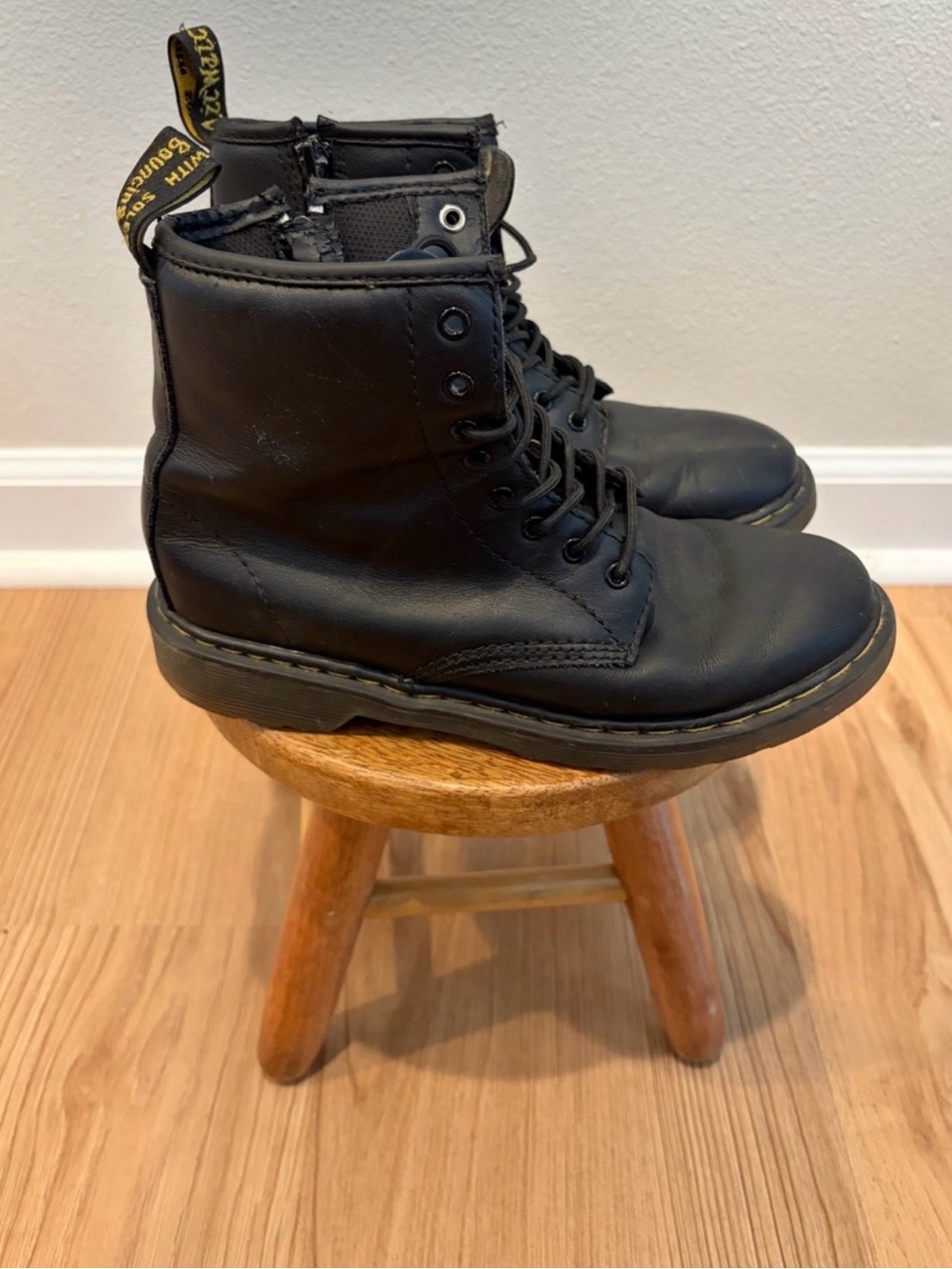 5/$20 Dr. Martens Black Leather Lace-Up Kids Boots with Yellow Stitching - Picture 4 of 5